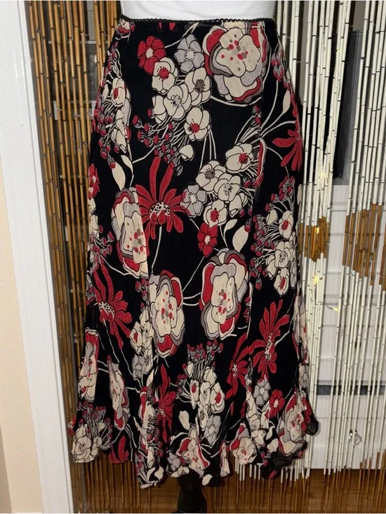Vintage Lola P. Petite Floral Midi Skirt 90s Boho Whimsigoth Red Black - Picture 1 of 4